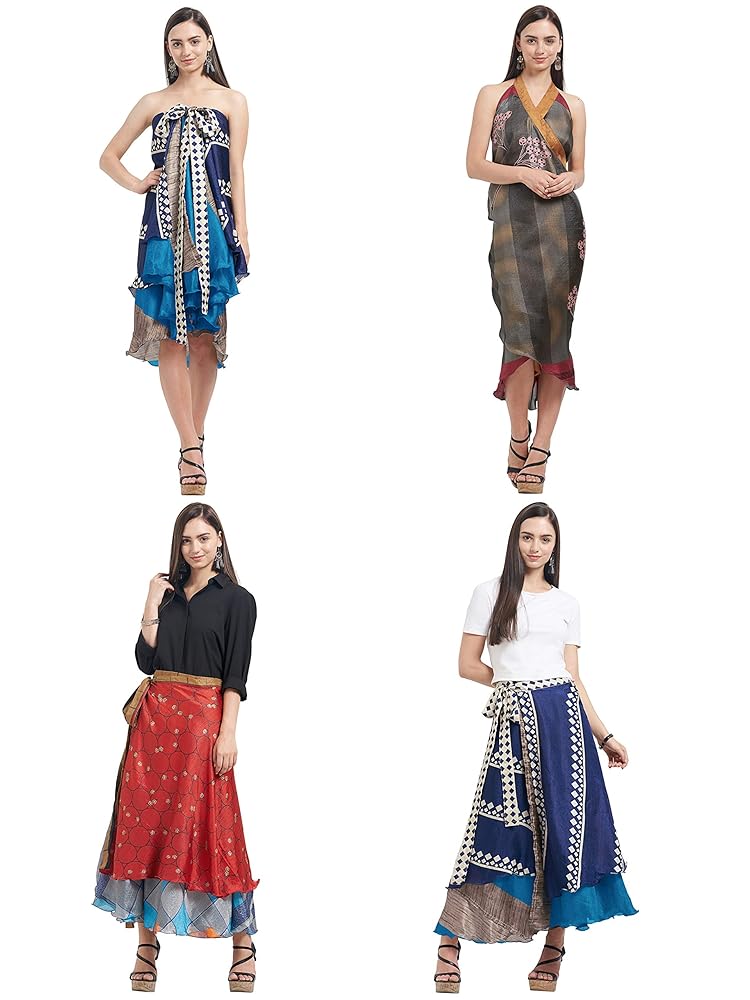 Sourbh Pack of 3 Assorted Two Layer Magic Wrap Around Skirt